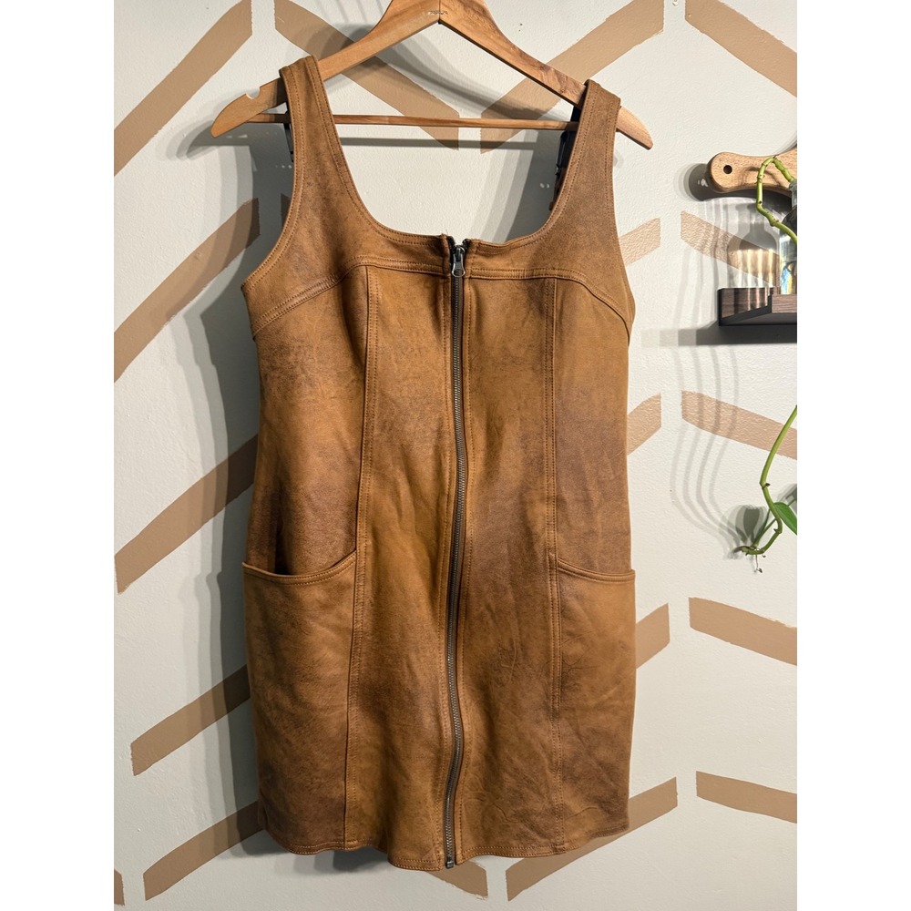 Free People Mini Dress Womens Small Brown Faux Suede Zip Front Pinafore‎
